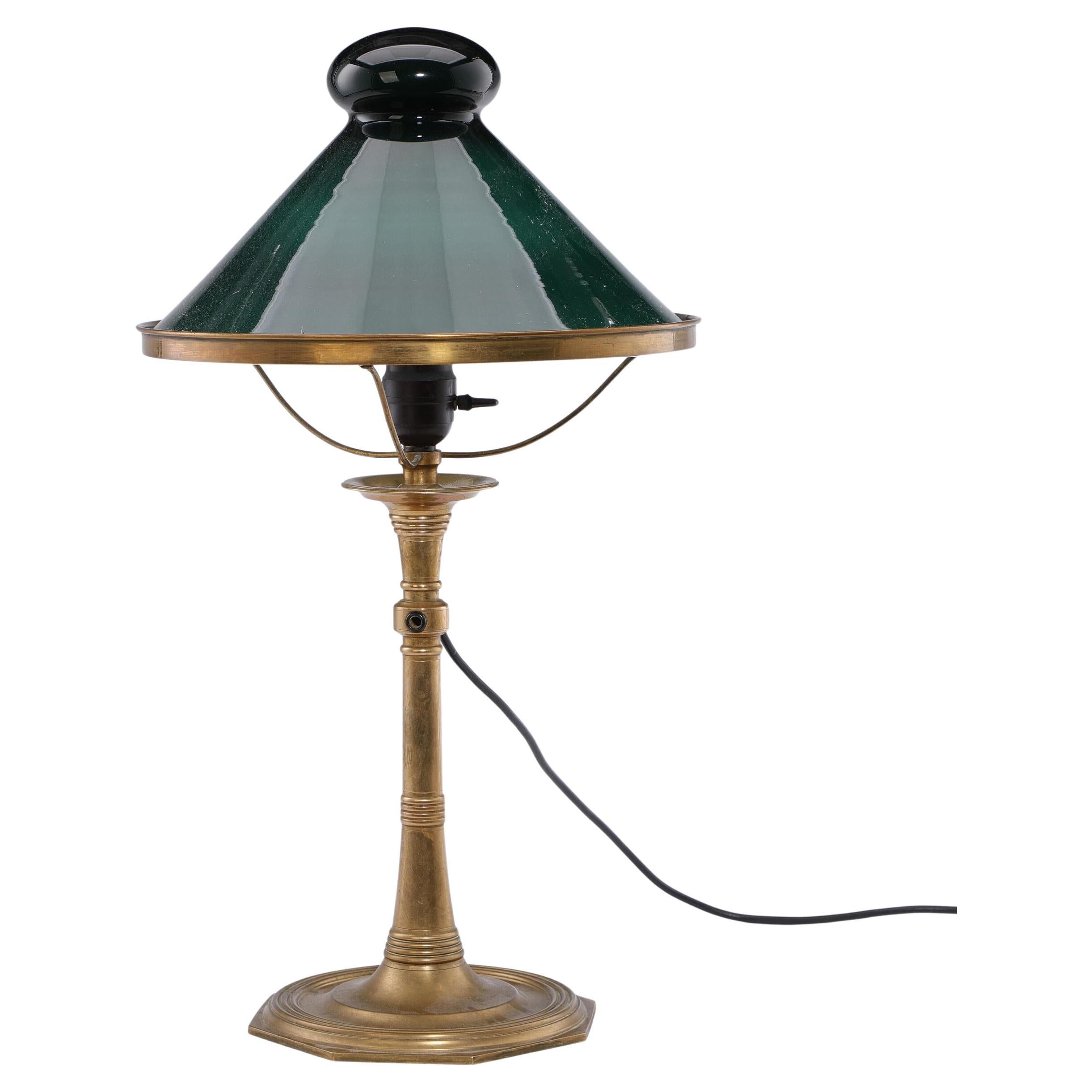 Martin Nyrop Brass Table Lamp. Shade of Green Opal Glass Aprox, 1900