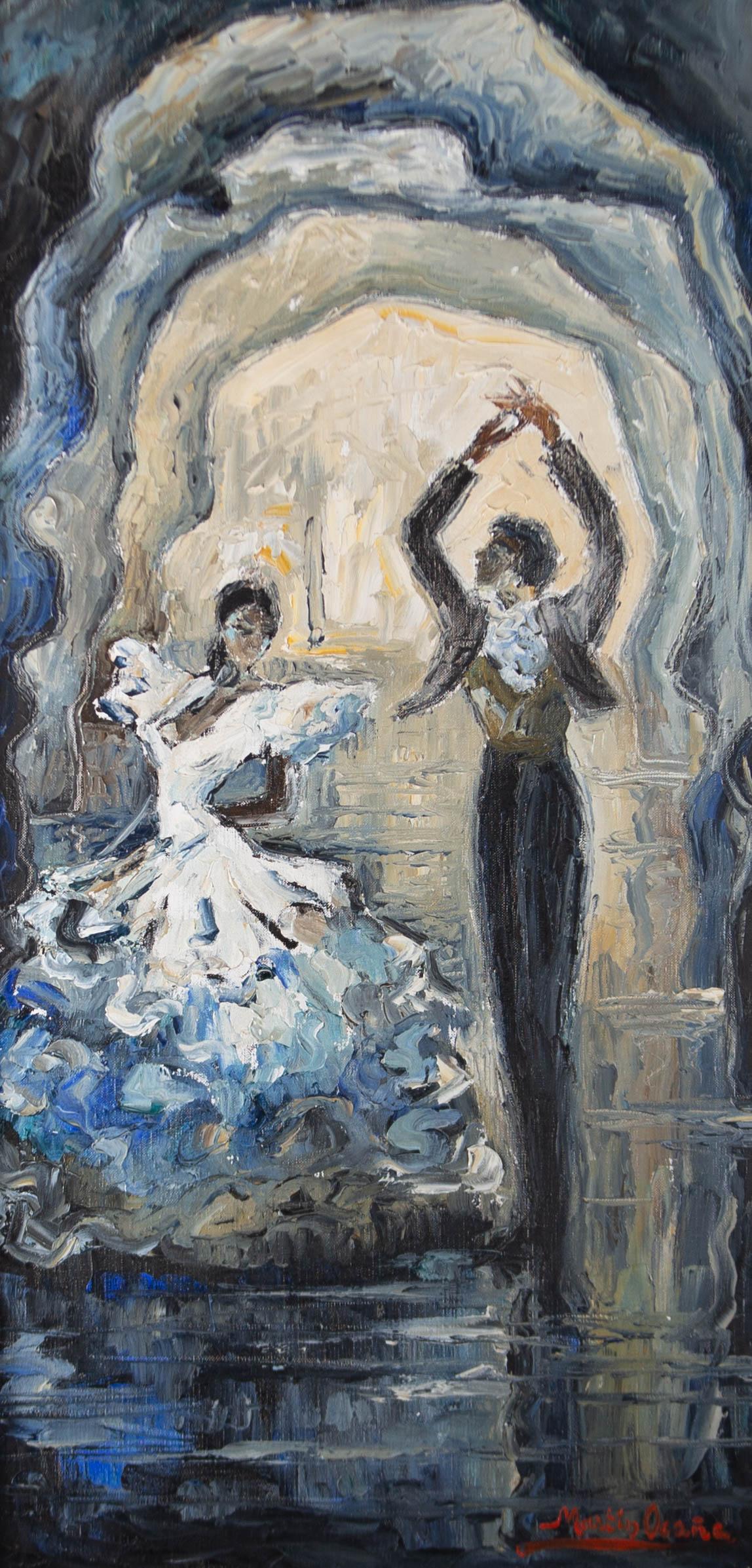 An expressive and bold study of two dancers by the Spanish artist Marin Ocana. Well presented in a limed wood frame with gilt canvas slip. Signed. On canvas board.
