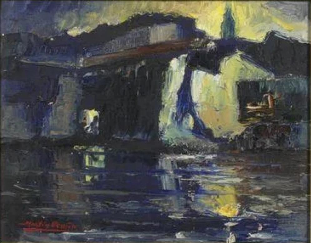 Untitled - {Abstract Depicting City Skyline by Water with Reflections] - Brown Landscape Painting by Martin Ocana
