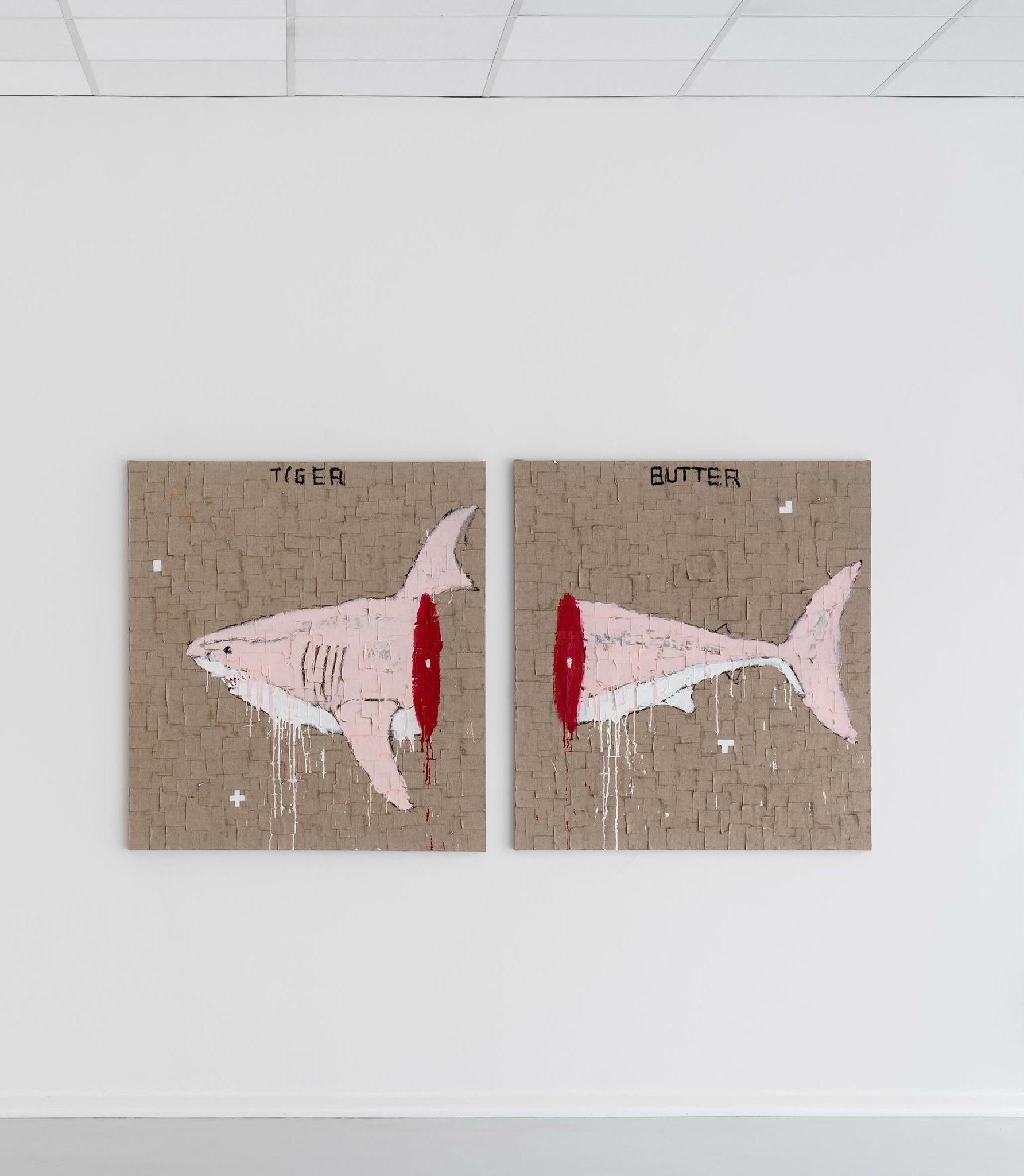 ABSTRACT Diptych Pastel Shark Artwork Contemporary Artist Martin Paaskesen Pink For Sale 1