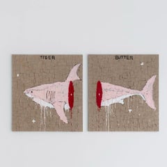 ABSTRACT Diptych Pastel Shark Artwork Contemporary Artist Martin Paaskesen Pink