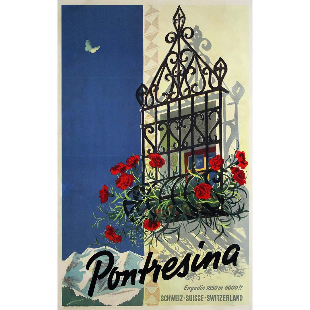 Circa 1950 original travel poster by Martin Peikert for Pontresina - Switzerland