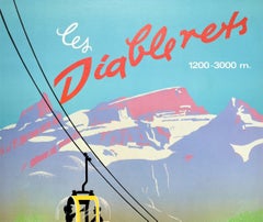 Original Vintage Poster Les Diablerets Switzerland Cable Car Swiss Alps Devil