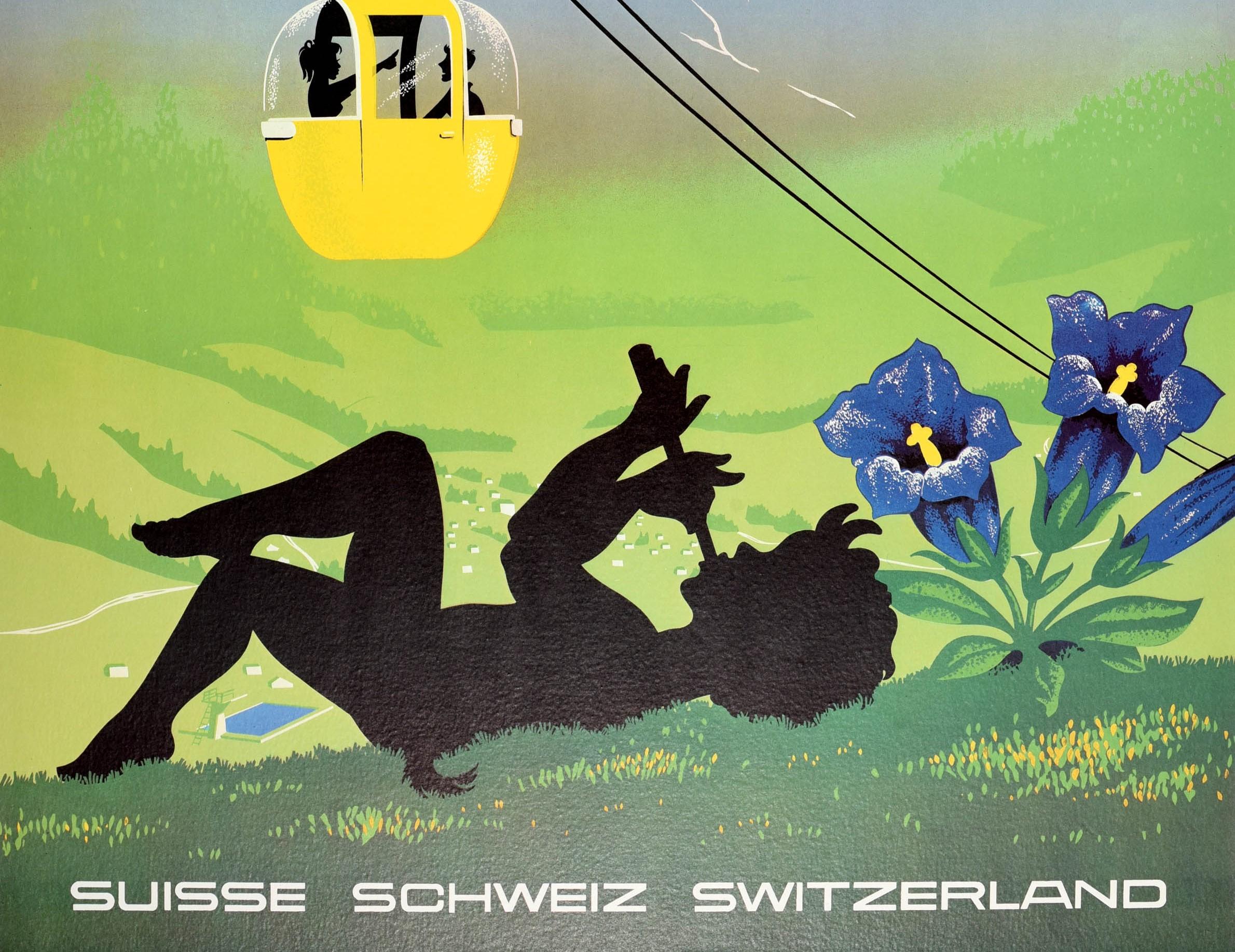 Original Vintage Poster Les Diablerets Switzerland Cable Car Swiss Alps Devil - Gray Print by Martin Peikert
