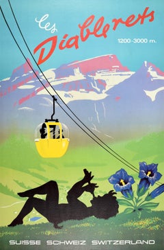 Original Retro Poster Les Diablerets Switzerland Cable Car Swiss Alps Devil