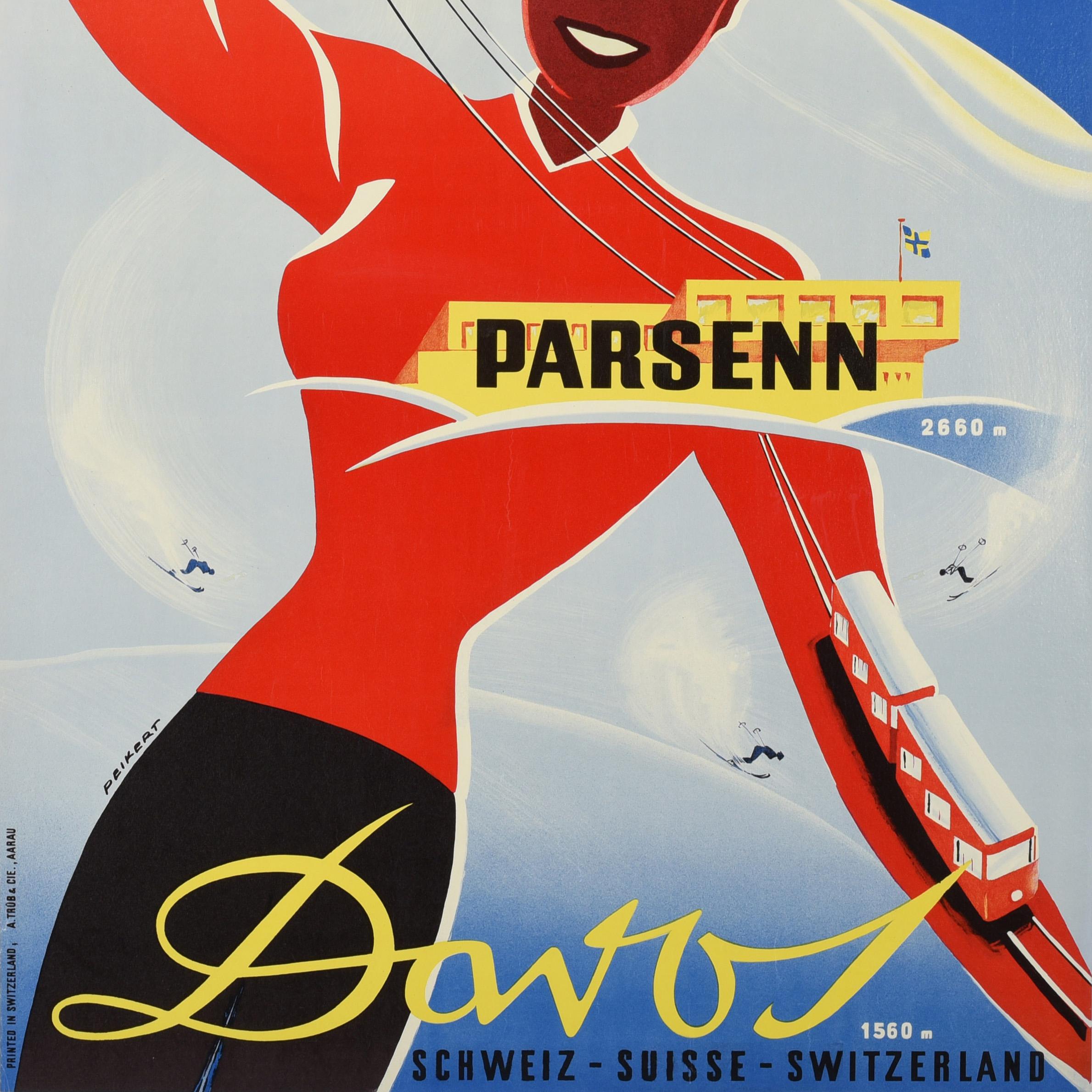 Original-Vintage-Ski-Wintersport-Resort-Poster, Davos Weissfluh, Schweizer Peikert (Beige), Print, von Martin Peikert