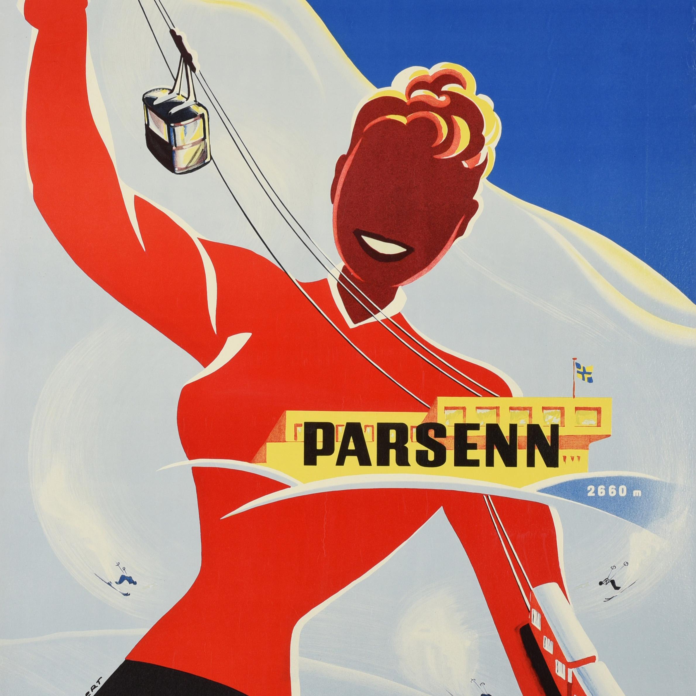 Original vintage ski resort poster for Davos - Weissfluh 2820m Parsenn 2660m Davos 1560m Schweiz Suisse Switzerland. Colourful image of a smiling lady wearing a red top holding the top of a cable car in one hand with a red funicular railway train