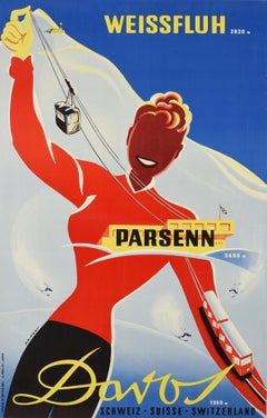 Original Vintage Ski Winter Sport Resort Poster Davos Weissfluh Swiss Peikert