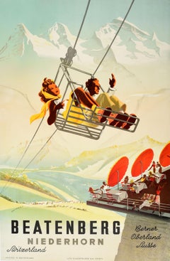 Poster di viaggio estivo originale d'epoca Beatenberg Niederhorn Svizzera Peikert