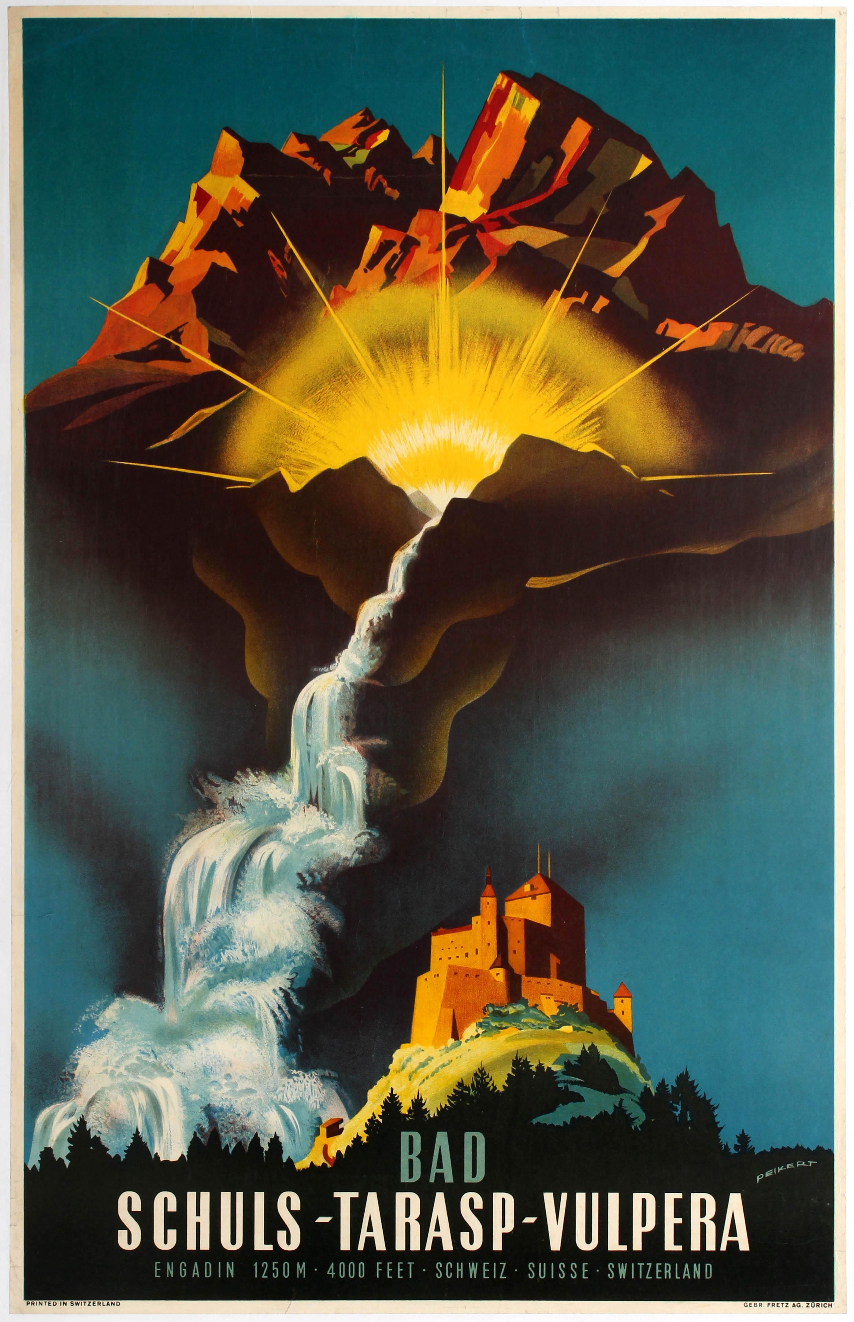 Martin Peikert Print - Original Vintage Travel Poster Bad Schuls Tarasp Vulpera Spa Engadin Castle Alps