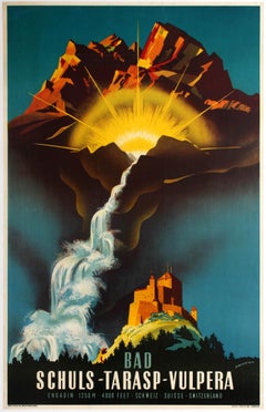 Original Vintage Travel Poster Bad Schuls Tarasp Vulpera Spa Engadin Castle Alps