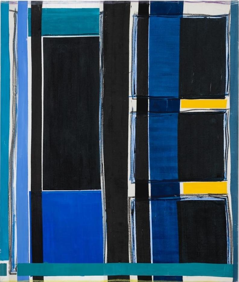 Martin Pelenur, Architektonische geometrische Abstraktion in Blau und Gelb, 2020