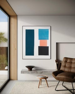 Abstracción geométrica vertical contemporánea de campo de color con verde azulado, coral y negro