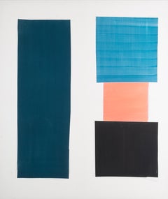 Abstracción geométrica vertical contemporánea de campo de color con verde azulado, coral y negro