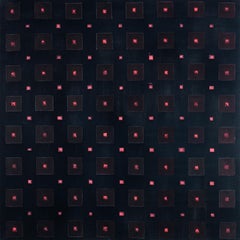Geometric Grid Abstraction with Pink Squares on Deep Blue – Martín Pelenur