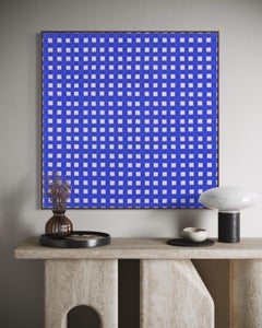 Martín Pelenur Pintura abstracta de cuadrícula azul con dibujo geométrico blanco