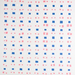 Martín Pelenur Geometric Abstract Grid Painting with Blue and Pink Squares