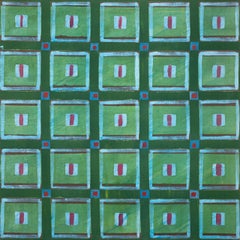 Martín Pelenur Geometric Abstract Grid Painting with Green and Red Square Motifs