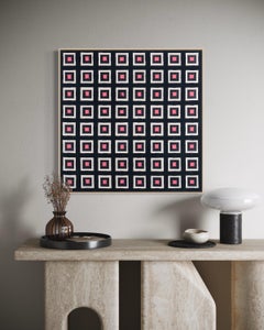 Martín Pelenur Geometric Abstract Grid Painting with Pink and White Squares