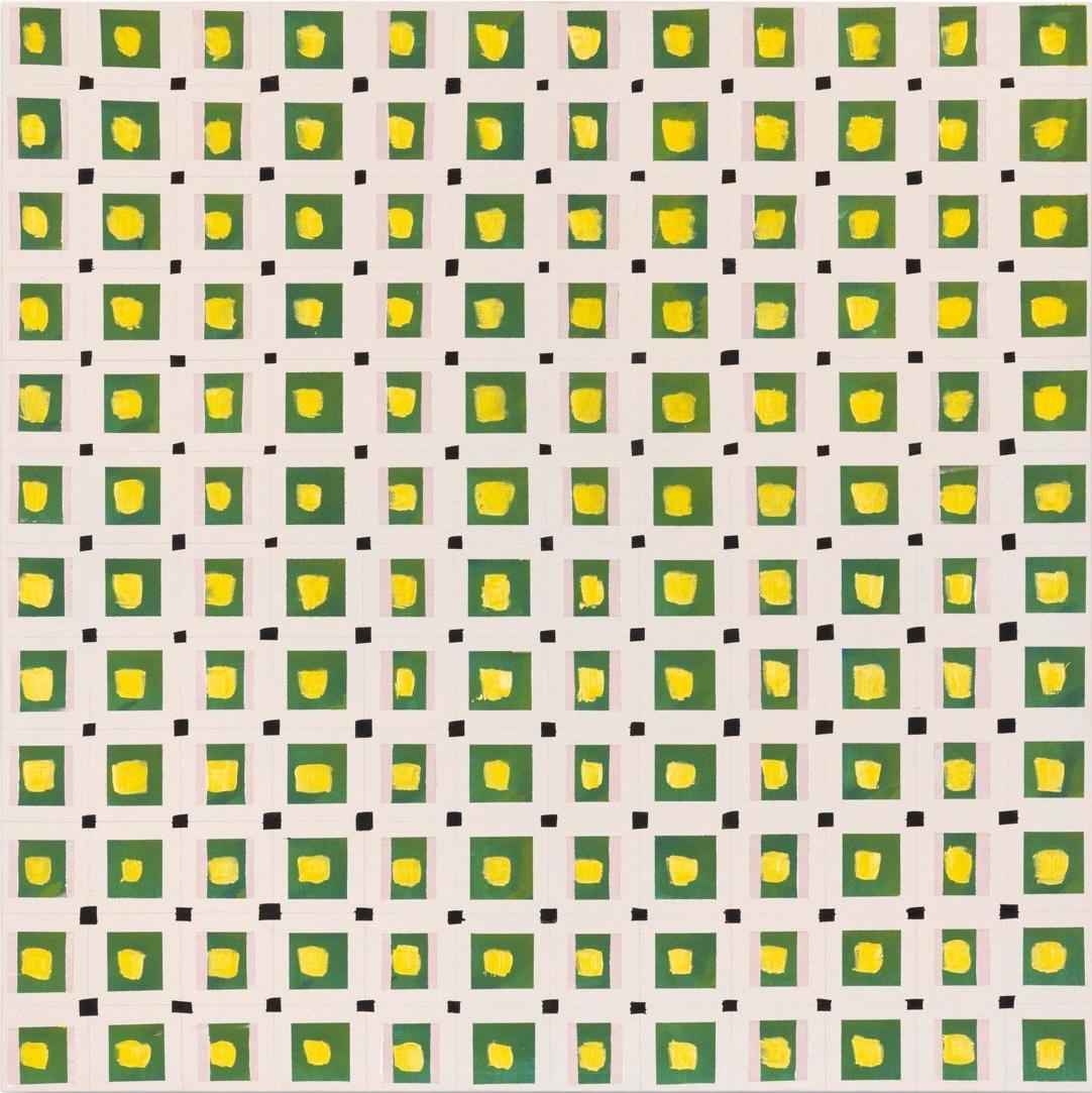 Martin Pelenur  Abstract Painting - Grillas by Martín Pelenur, Geometric Grid Painting, Yellow and Green Fields 2022