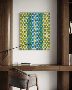 Vibrant Geometric Abstract Painting in Blue Yellow & Green Contemporary Pattern