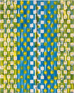 Vibrant Geometric Abstract Painting in Blue Yellow & Green Contemporary Pattern