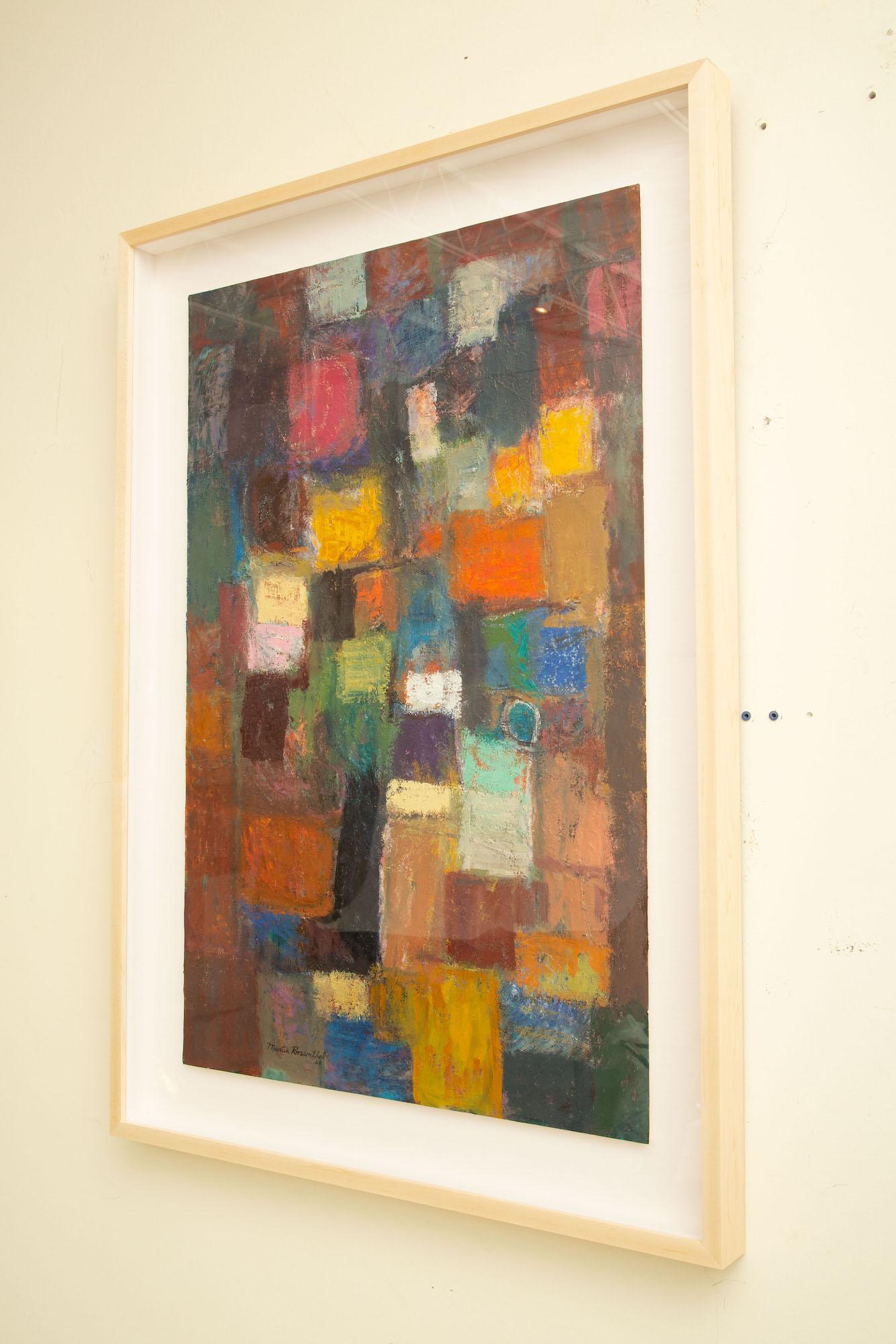 This wonderful and colorful vertical abstract signed and dated oil on paper by Martin Rosenthal 1968 has newly been custom framed in a light wood frame to compliment the multitude of glorious colors. It has a float of a white linen mat surround and