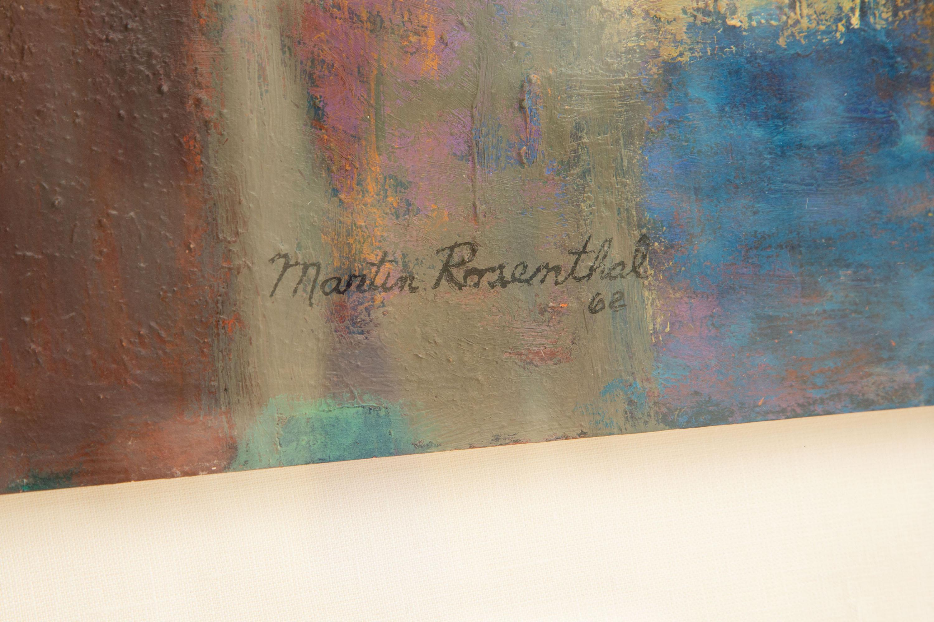 Linen Martin Rosenthal Abstract Orange, Blue, Green Oil on Paper Custom Framed Vintage