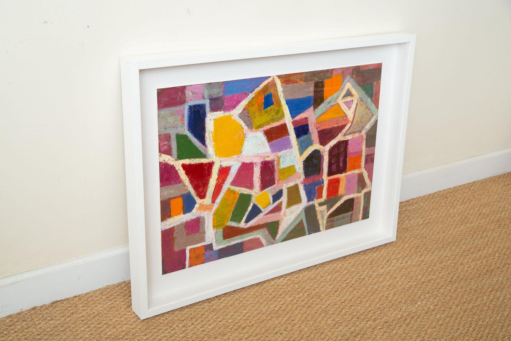 This wonderful, colorful original and one of a kind work of art is by Martin Rosenthal from the 60's. It is a horizontal oil on thick paper almost palette knife form. The new white wood custom frame adds to the now modernity of this happy art. It