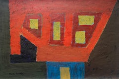 1960s "Casa con ventanas amarillas" Pintura al óleo encáustica Abstracto Artista NYC