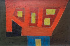 « House with Yellow Windows », peinture à l'huile à l'encaustique d'un artiste abstrait de New York, années 1960