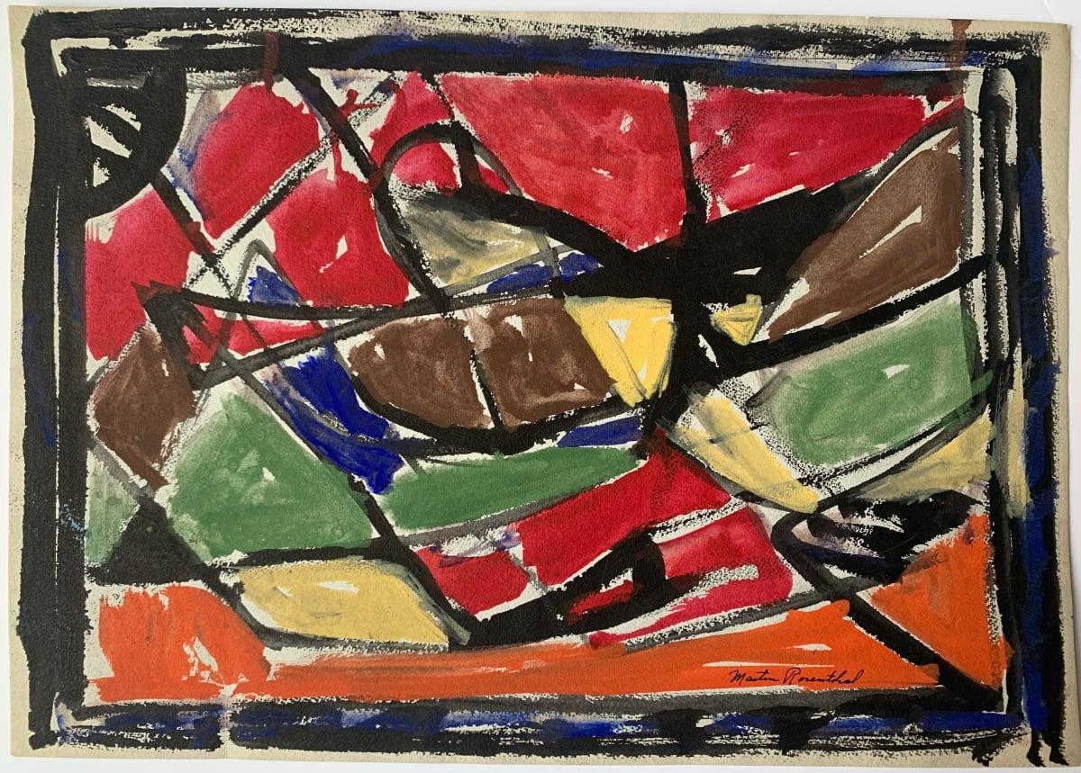 Martin Rosenthal Abstract Painting - 1960s "Stained Glass" Abstract Gouache Painting Red, Green, Black