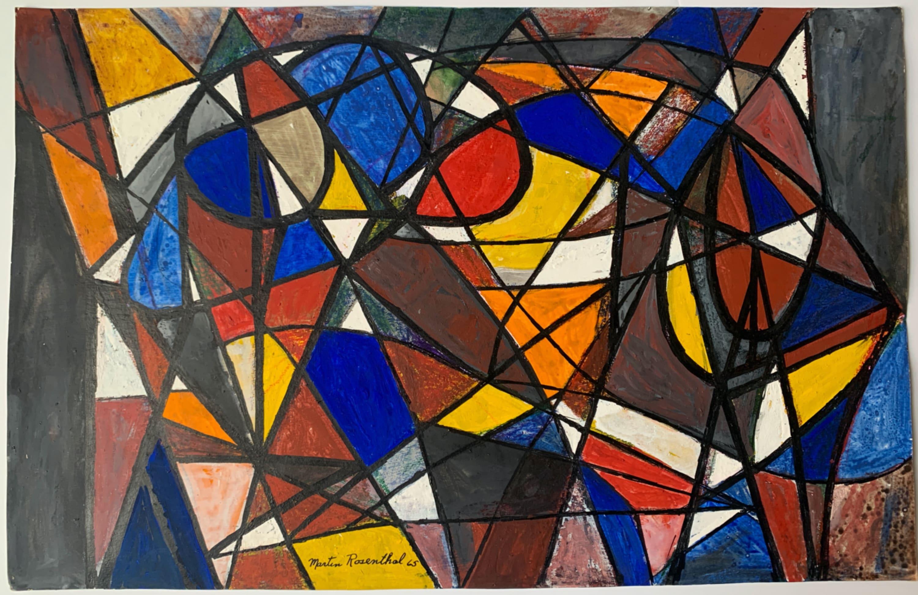 Tableau abstrait Triangles and Semi Circles de 1965 en cobalt, rouge, jaune - Painting de Martin Rosenthal