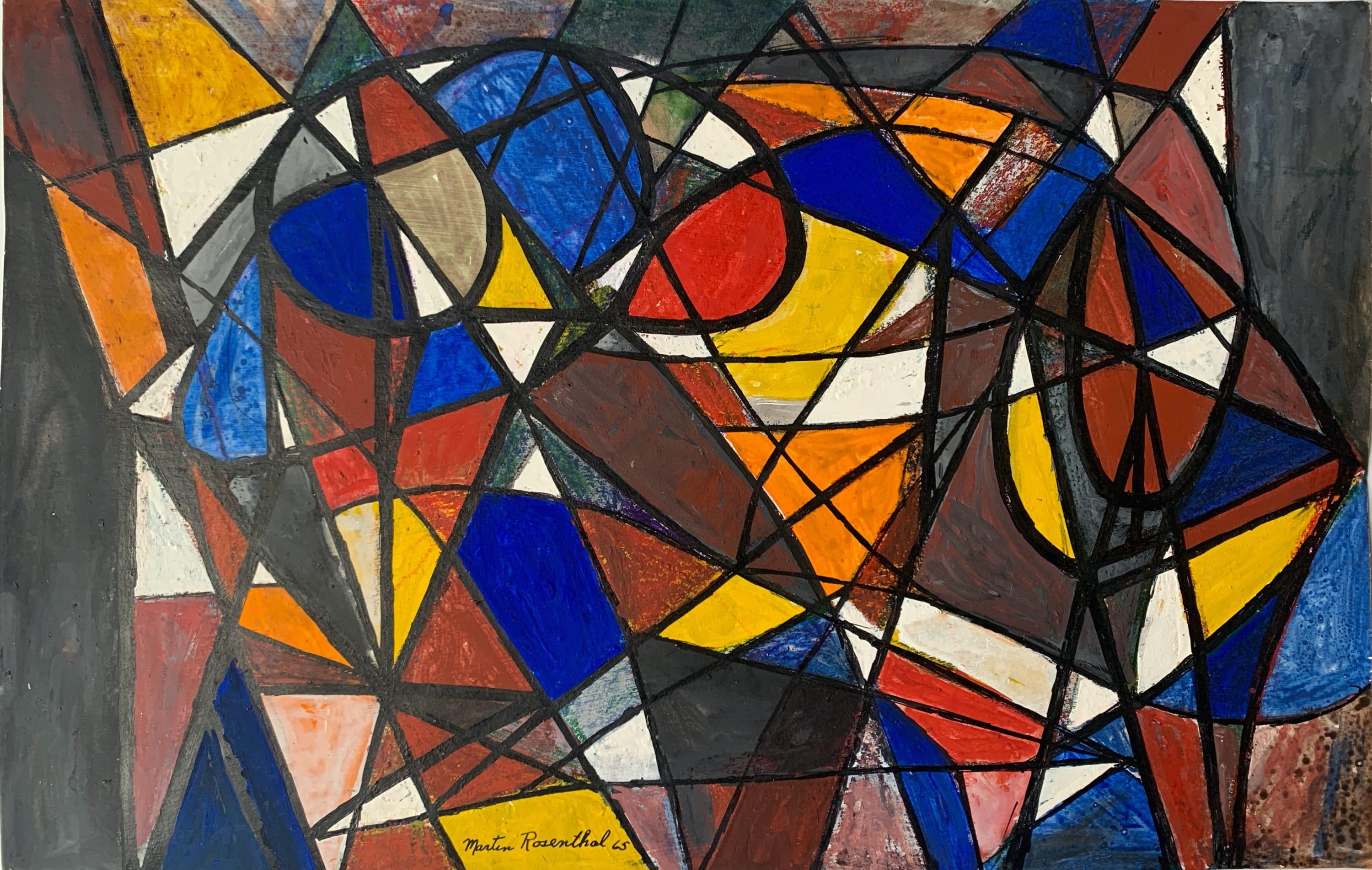Tableau abstrait Triangles and Semi Circles de 1965 en cobalt, rouge, jaune