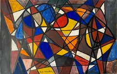 Retro 1965 "Triangles and Semi Circles" Abstract Painting in Cobalt, Red, Yellow