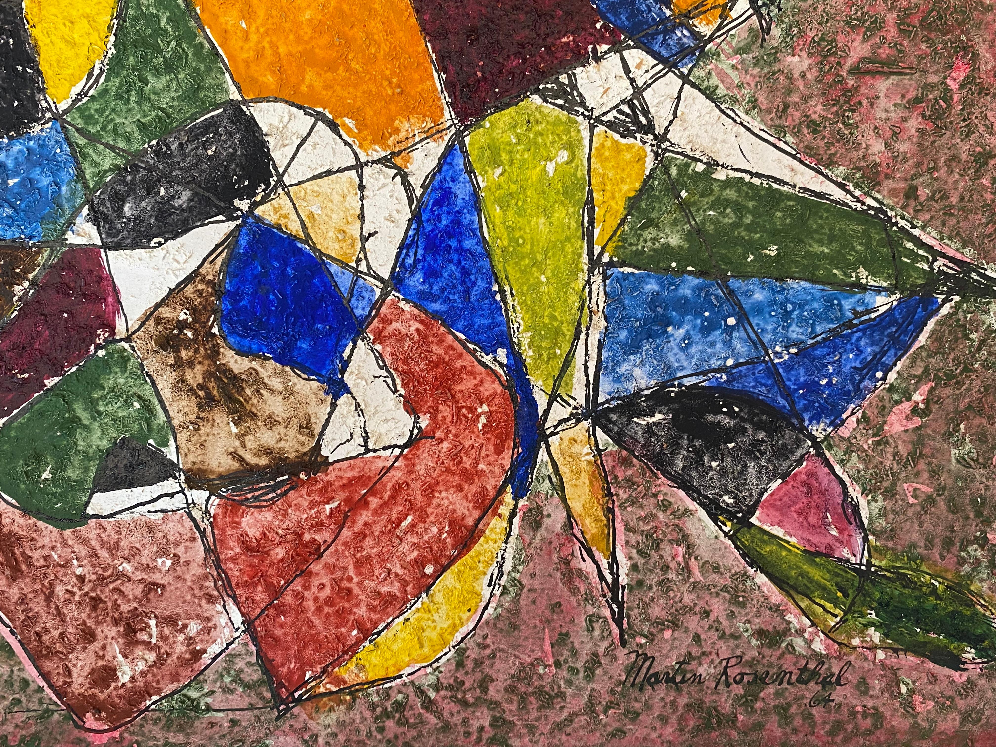 Original oil paint and gouache on heavy archival textured paper abstract by the American artist, Martin Rosenthal. Bold, vibrant colors.  Signed lower right by the artist and dated 1964. Condition is very good. No restorations.  Presently unframed.