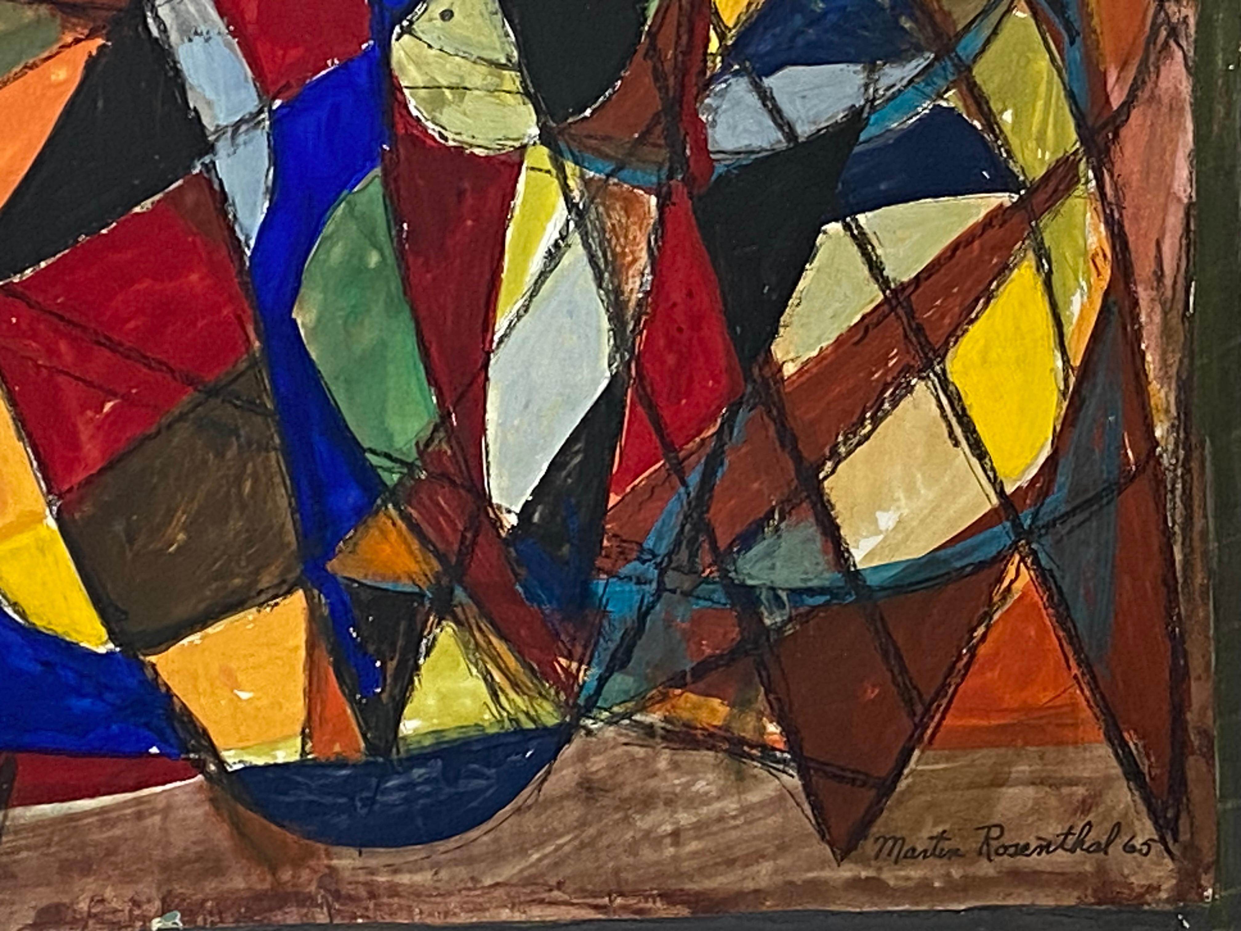 Dipinto ad olio originale su carta d'archivio pesante astratta dell'artista americano Martin Rosenthal. Colori audaci e vivaci.  Firmato in basso a destra dall'artista e datato 1965. Le condizioni sono molto buone. Nessun restauro.  Attualmente non