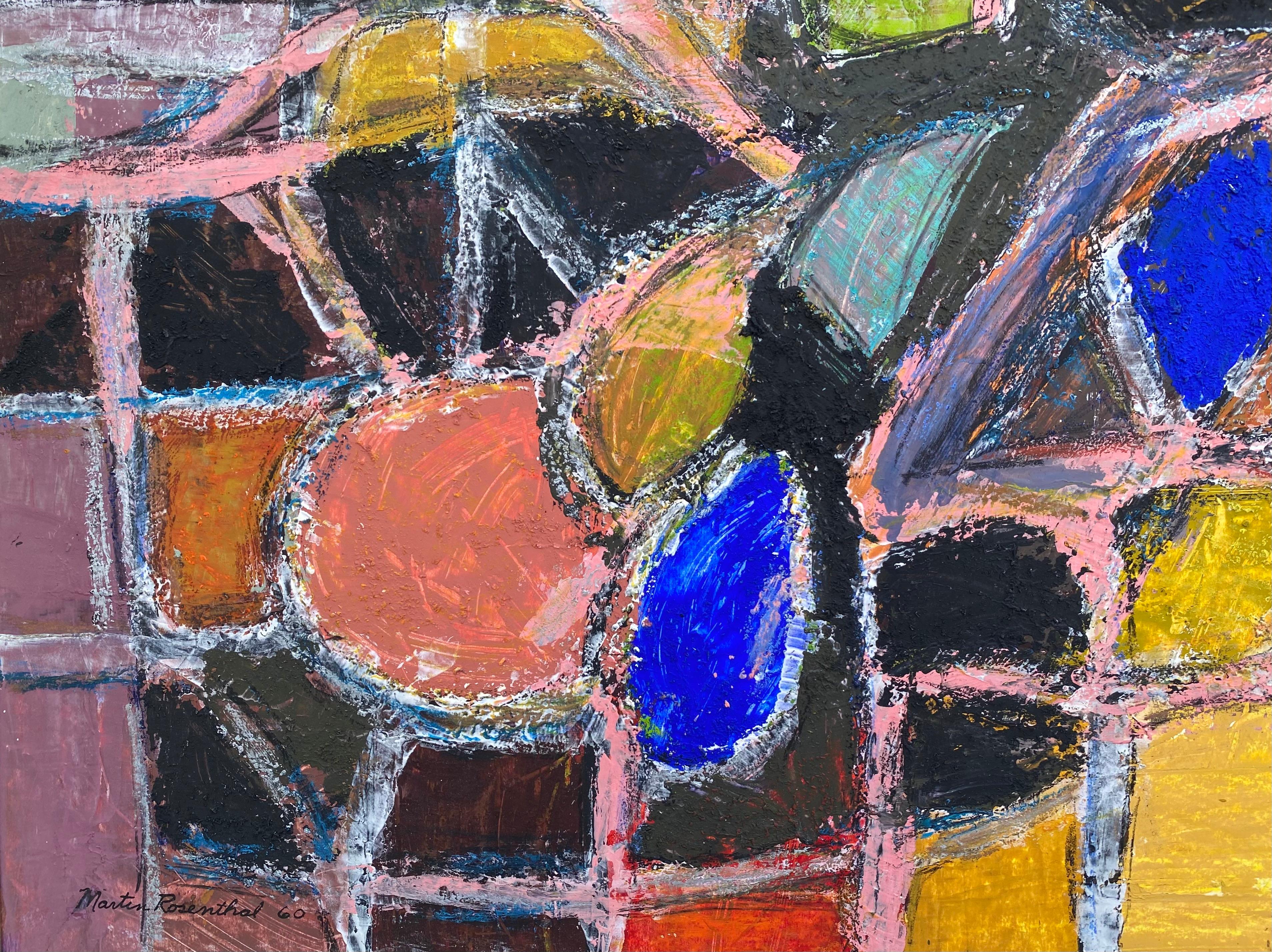 Originale dipinto astratto a olio su cartoncino pesante dell'artista americano Martin Rosenthal. Firmato in basso a sinistra e datato 1960. Le condizioni sono molto buone.  Leggero inarcamento della tavola. Incorniciato in modo professionale con una