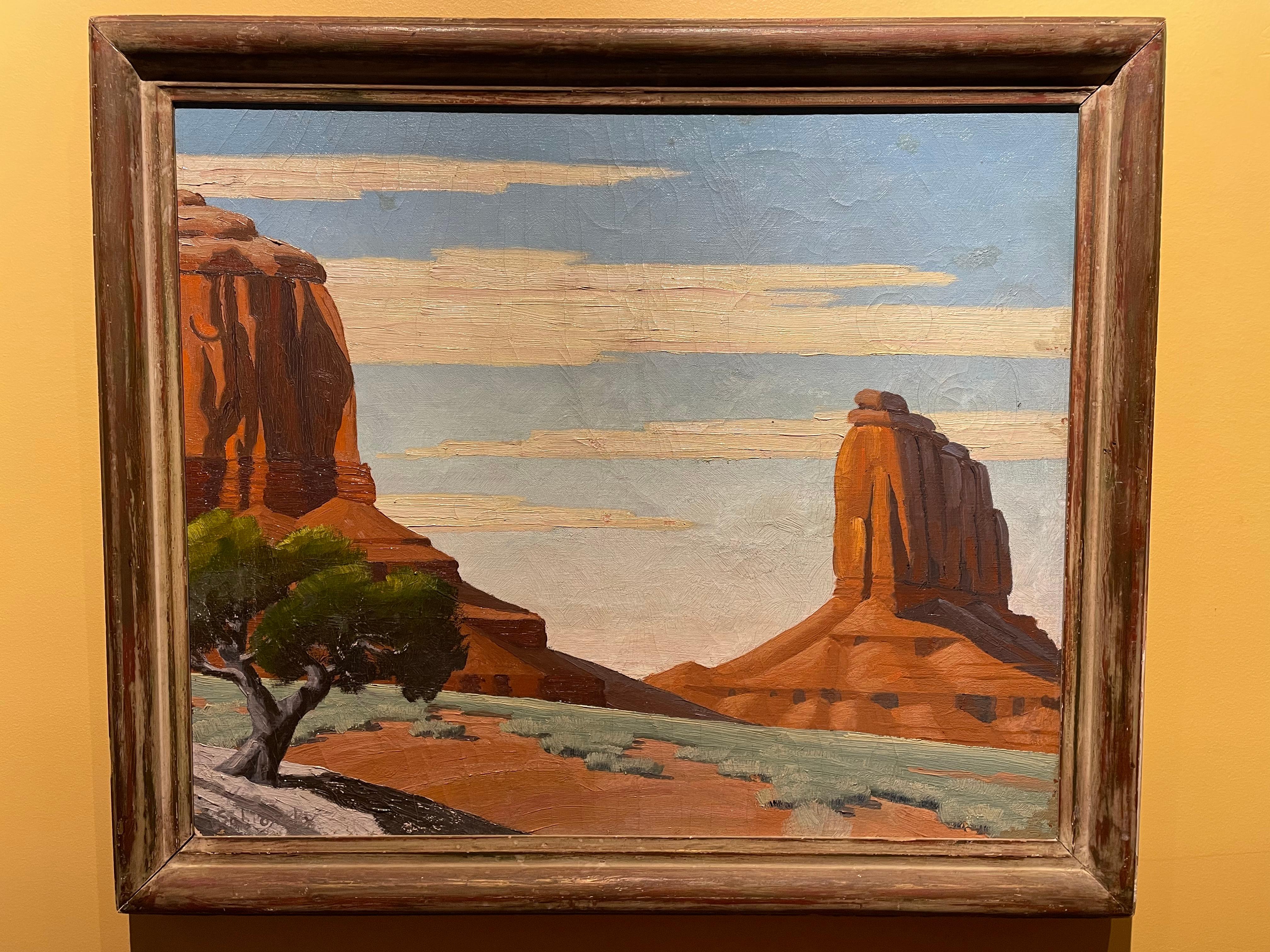 Pintura Modernista Vintage de Paisaje, Monument Valley Arizona, artista listado