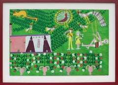 Mexikanisch-amerikanische Volkskunst-Ölgemälde der 1960er Jahre, Mädchen auf Swing, Vögel, leuchtende Farben