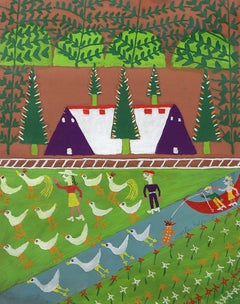 Chicken Farm, Figurative Folk Art Landscape Oil Painting, Vertical Vibrant Color