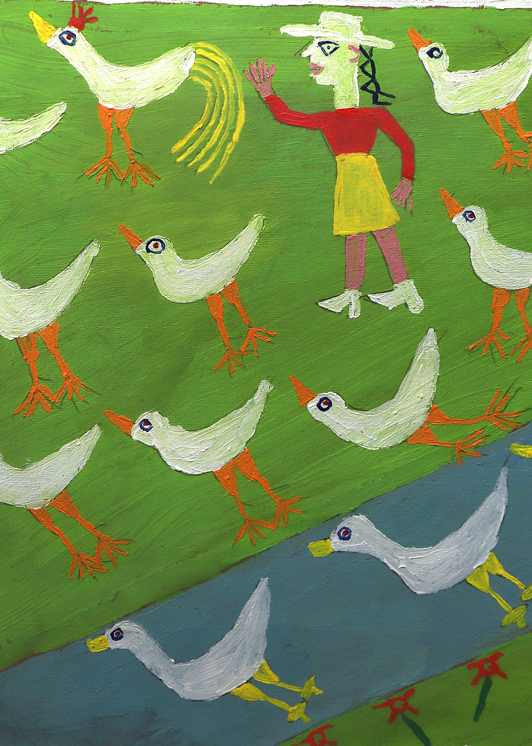 Chicken Farm, Figurative Folk Art Landscape Oil Painting, Vertical Vibrant Color 1