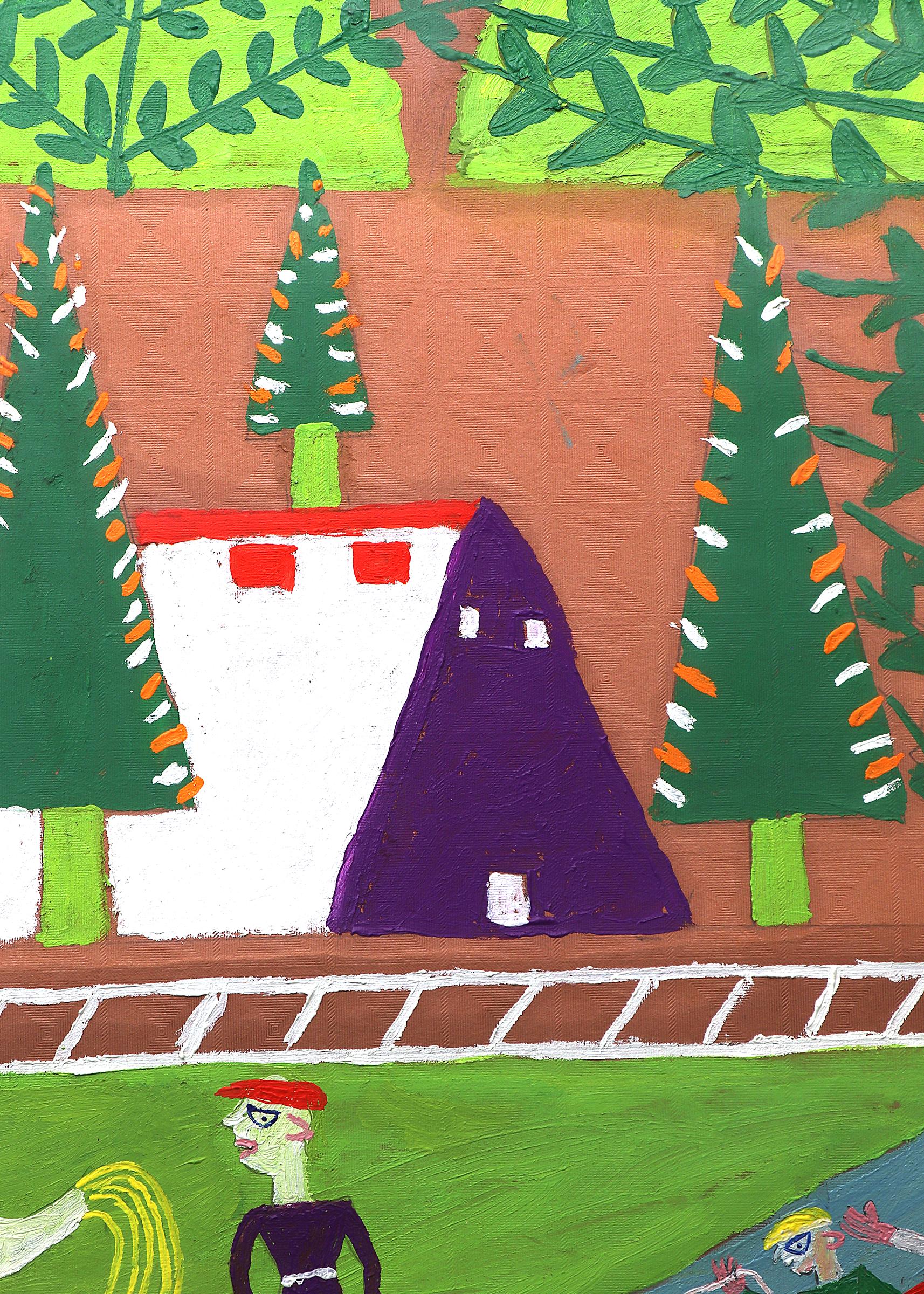 Chicken Farm, Figurative Folk Art Landscape Oil Painting, Vertical Vibrant Color 3