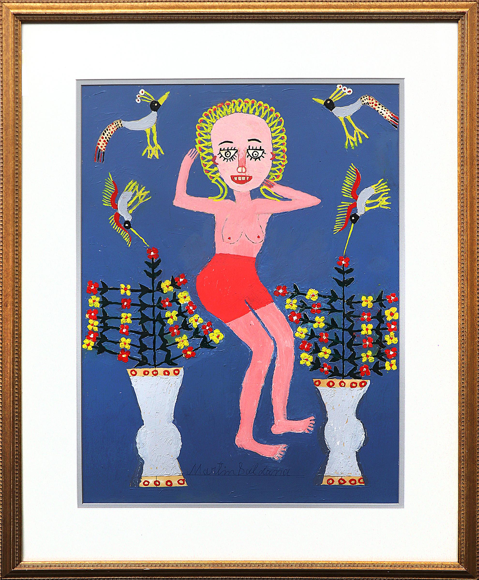 Dieses lebendige, halb abstrakte Ölgemälde mit dem Titel Kleiner Akt ist ein eindrucksvolles Beispiel für den einzigartigen künstlerischen Stil von Martin Saldaña. Dieses vom Künstler signierte Werk aus der Mitte des Jahrhunderts zeigt eine
