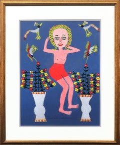 Colorful Mid-Century Folk Art Oil Painting by Martin Saldaña, "Small Nude", 1960