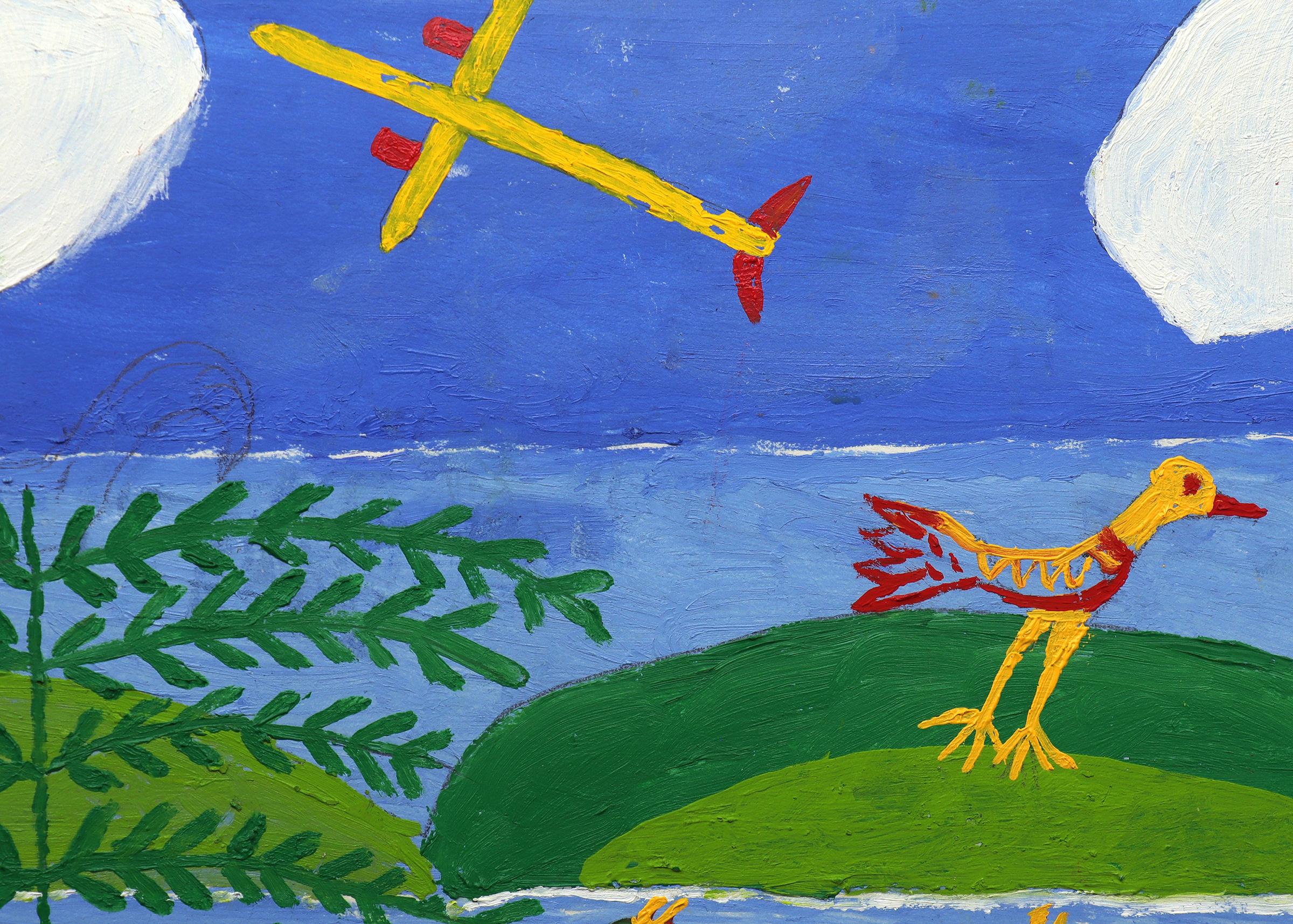 1960s Mexican-American Folk Art Oil Painting – Colorful Rural Farm Scene en venta 7