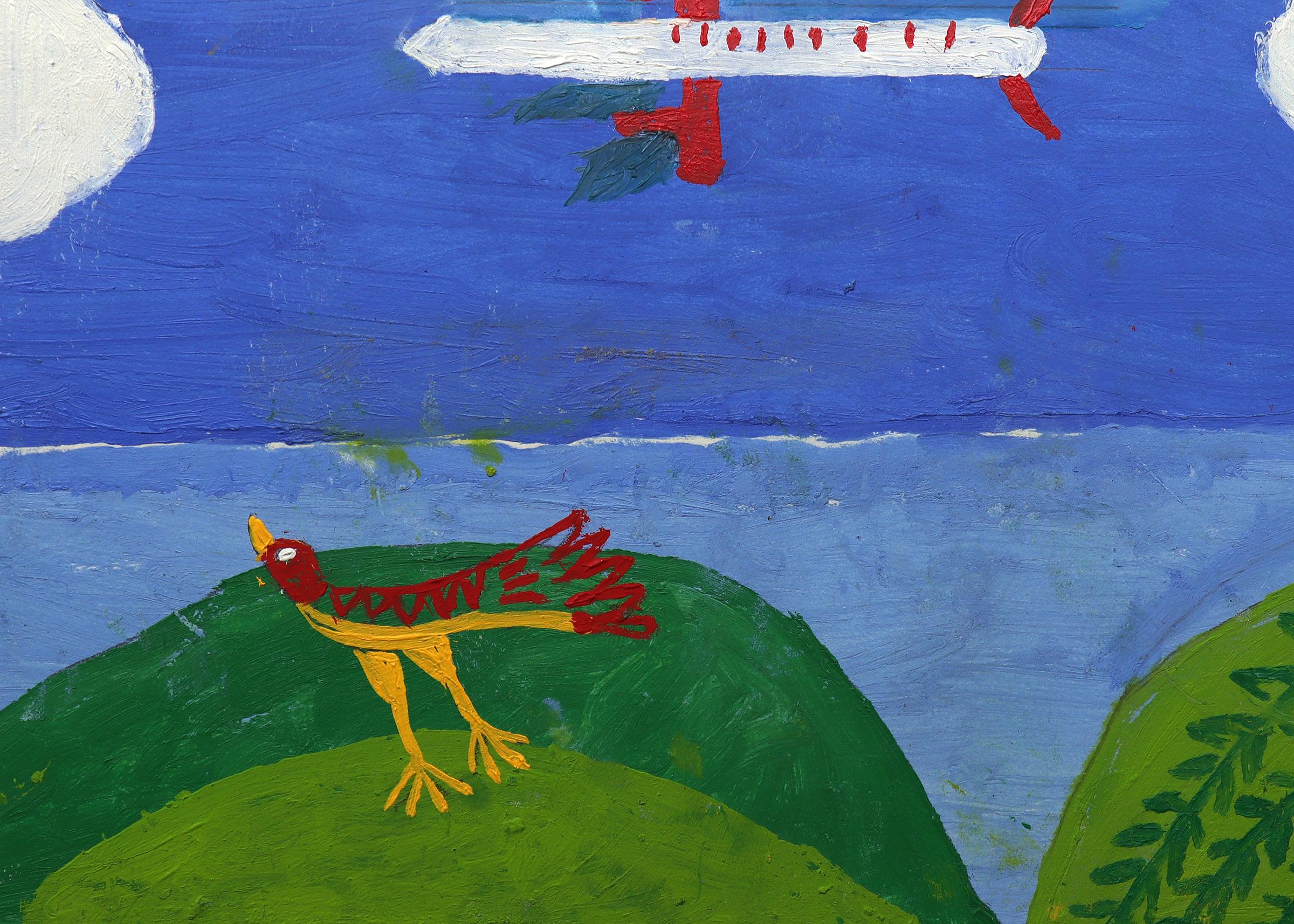 1960s Mexican-American Folk Art Oil Painting – Colorful Rural Farm Scene en venta 8