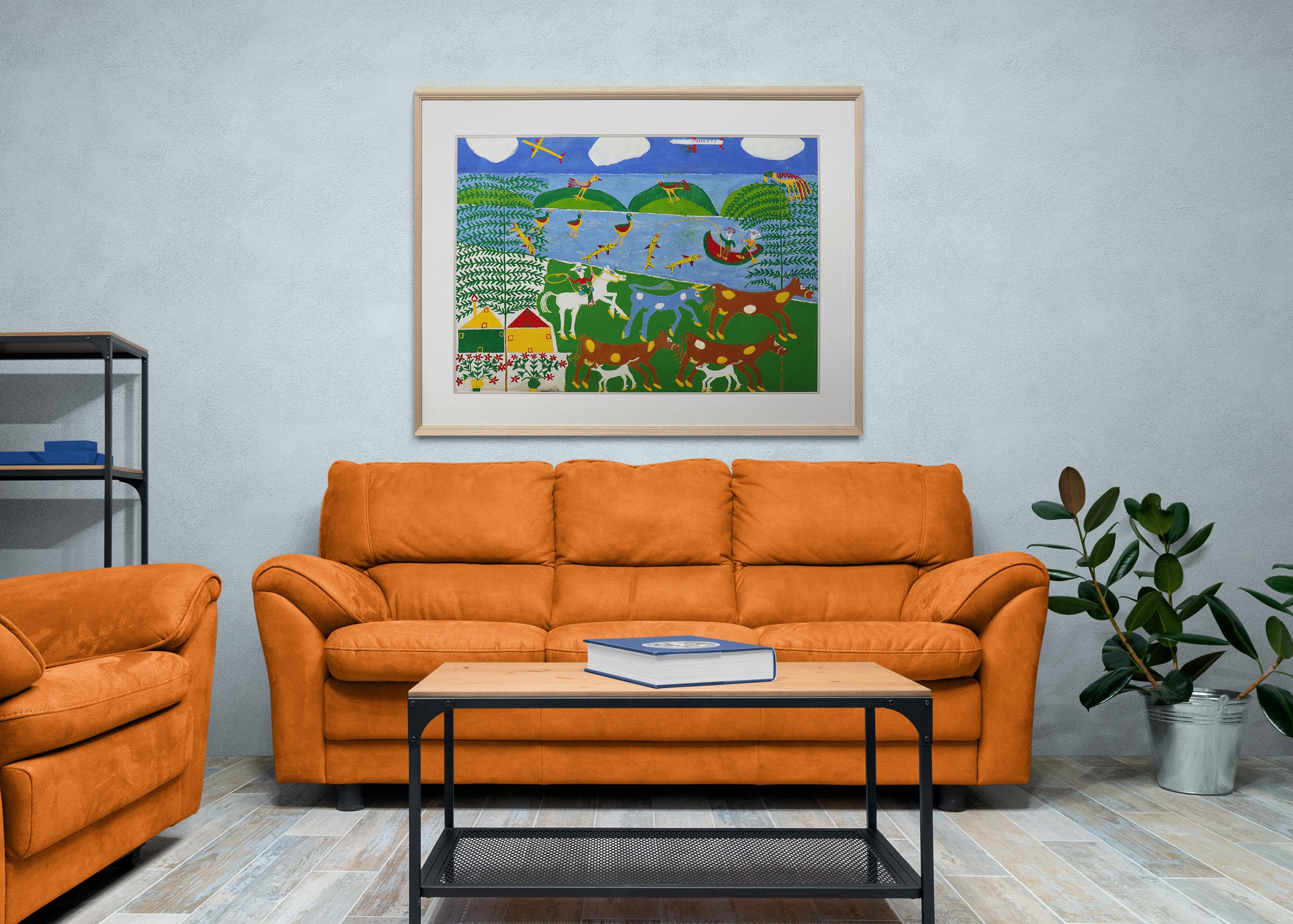 1960s Mexican-American Folk Art Oil Painting – Colorful Rural Farm Scene en venta 12