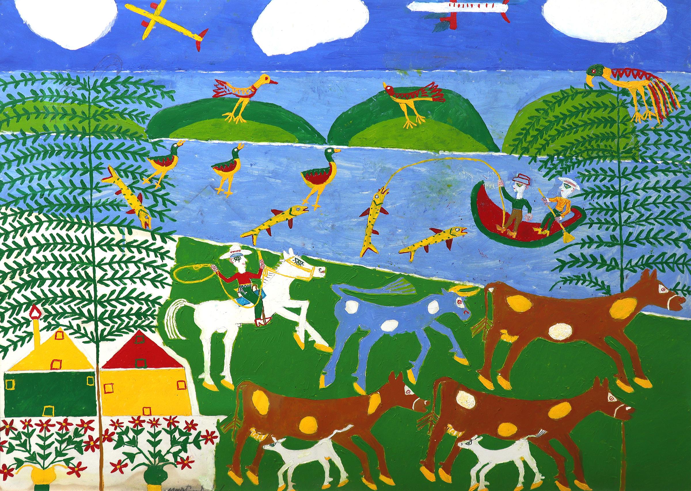 1960s Mexican-American Folk Art Oil Painting – Colorful Rural Farm Scene - Landscape Painting Gris de Martin Saldana