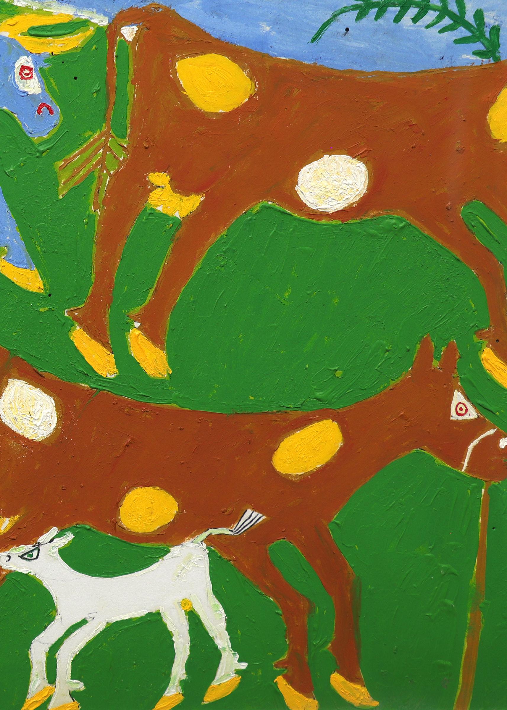 1960s Mexican-American Folk Art Oil Painting – Colorful Rural Farm Scene en venta 2